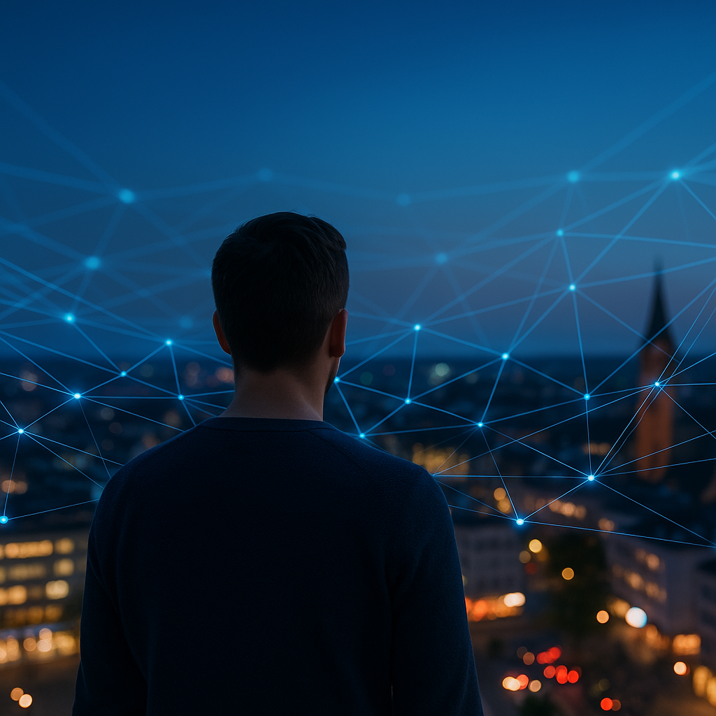 Abendliche Innenstadt, vernetzt durch digitale Linien – ein Betrachter von hinten blickt auf die Stadt
